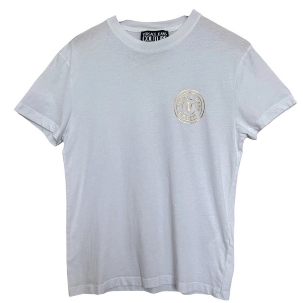Versace Jeans Couture V Emblem Gold Logo Graphic T-Shirt Tee Men's Medium White